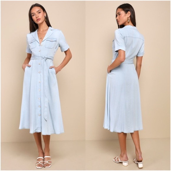 Lulus Dresses & Skirts - LULU’S Pleasant Cutie Blue Chambray Collared Midi Dress With Pockets